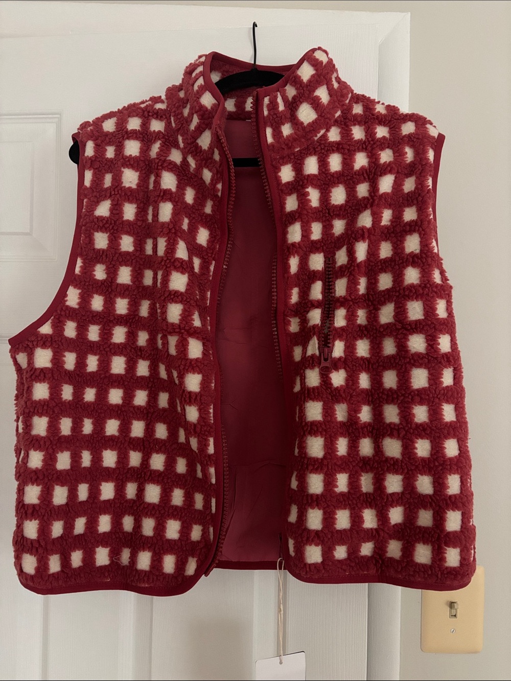 Cozy Checkered Sherpa Vest in Red & Cream